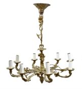 Gilt bronze chandelier, in the 18th century taste, the central column modelled as a putti, supportin