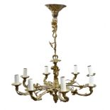 Gilt bronze chandelier, in the 18th century taste, the central column modelled as a putti, supportin