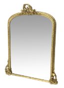 Victorian gilt wood and gesso framed overmantel mirror, the pediment with two birds in wreath with f