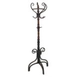 Late 19th century Thonet type bent wood half round coat stand, turned beach column, H194cm, W70cm (m