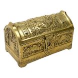 Secessionist brass casket, decorated in relief with ravens to the hinged opening cover and parrots t