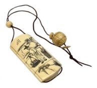 Japanese Meiji ivory four case inro, decorated with a figure of a farmer, and tiger to reverse, sign