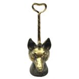 Victorian weighted brass doorstop, modelled as a fox mask with weighted riding crop handle, H37cm