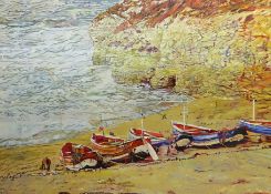 Sandra Tipper-Wolverson (British Contemporary): Fishing Cobles at North Landing Flamborough, oil on