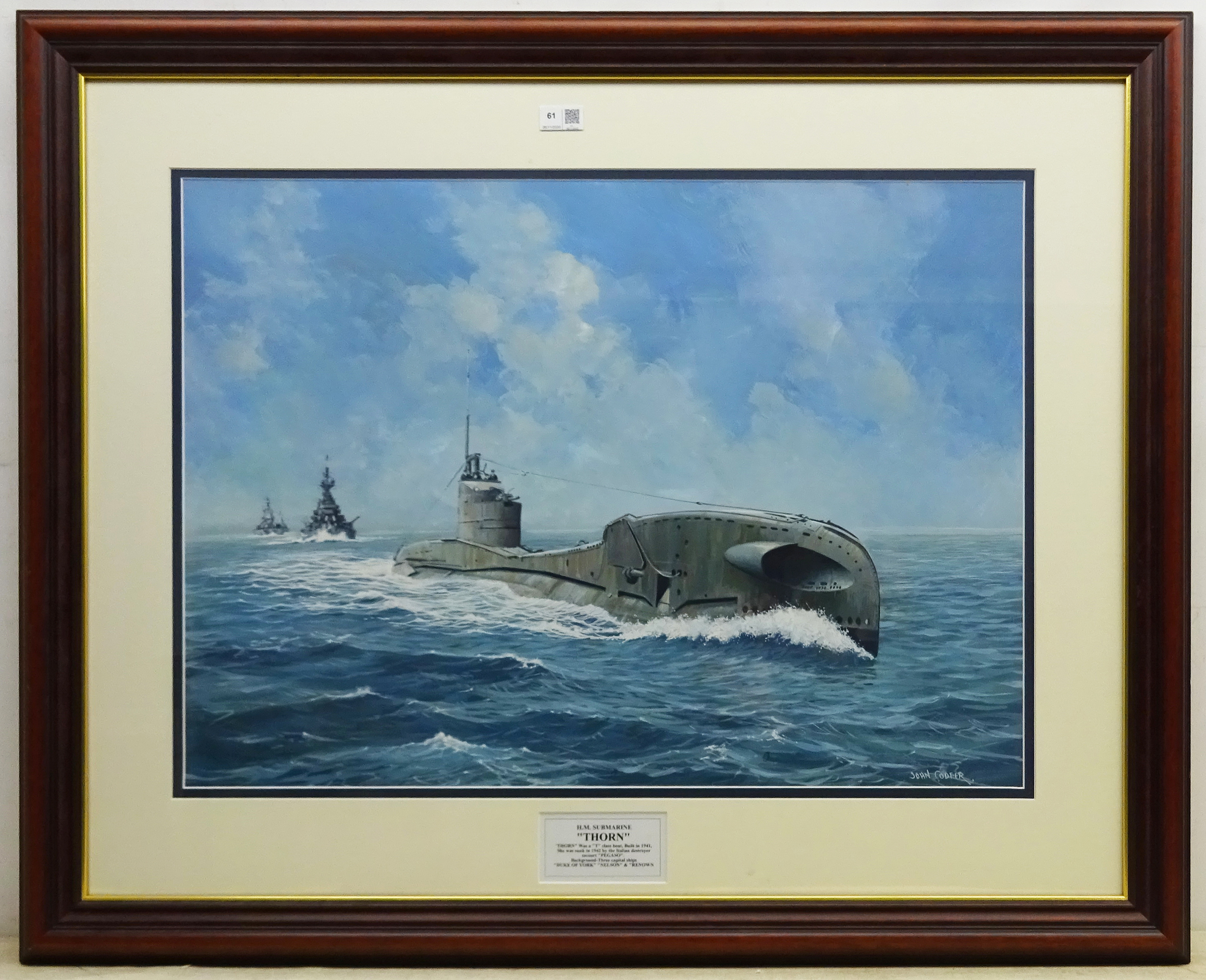 John Cooper (British 1942-): Ship's Portrait - H M Submarine 'Thorn', watercolour and gouache signed - Image 4 of 4