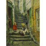 Albert George Stevens (Staithes Group 1863-1925): Children on the Steps Whitby, watercolour signed