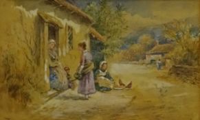 Myles Birket Foster RWS (British 1825-1899): Figures at the Cottage Doorway with Hens, watercolour w