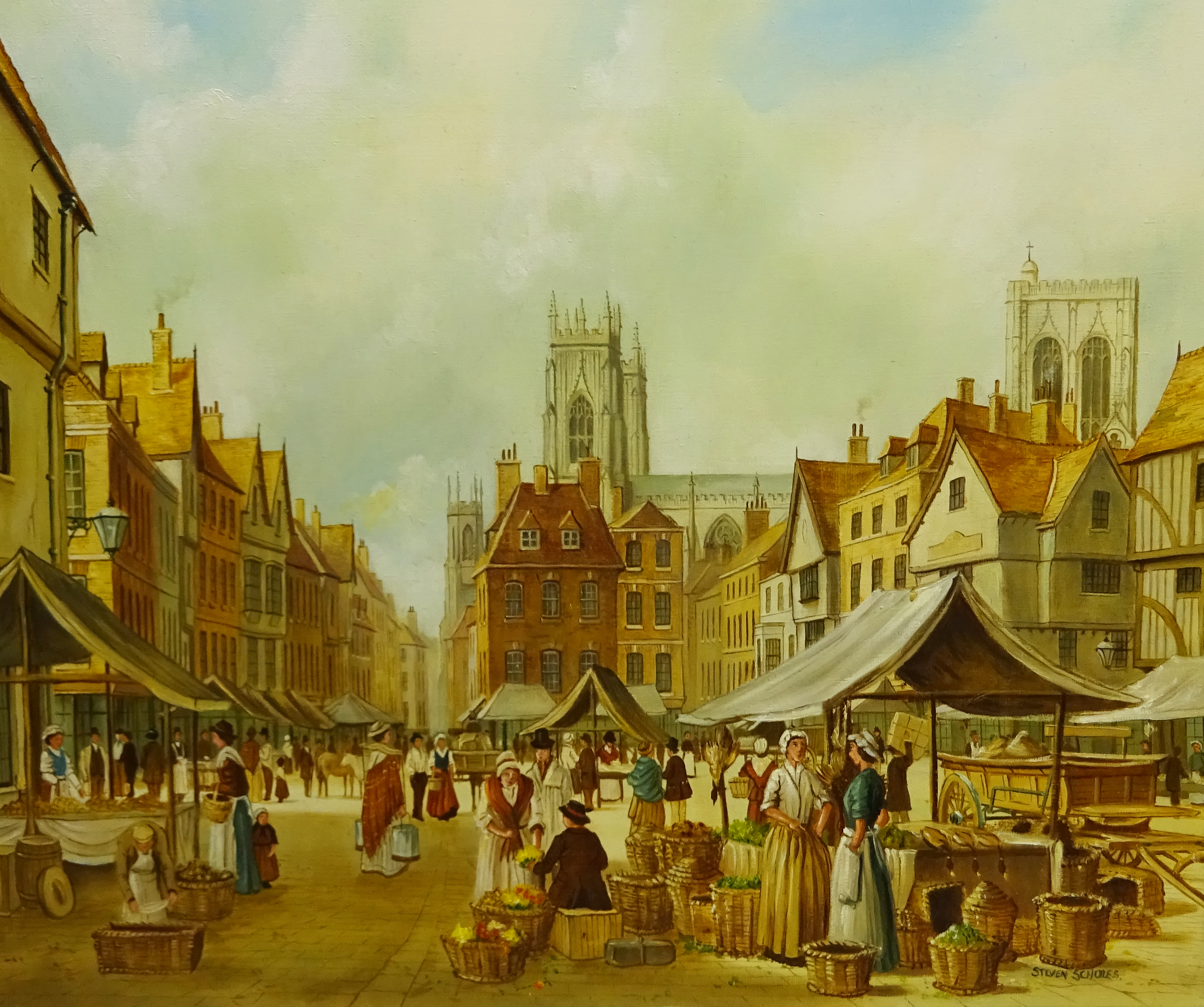 Steven Scholes (Northern British 1952-): Market Place York 1850's, oil on canvas signed 50cm x 60cm