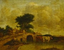 Van Oss (Continental 19th century): Cattle by a Bridge, oil on canvas unsigned, old attribution labe