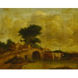 Van Oss (Continental 19th century): Cattle by a Bridge, oil on canvas unsigned, old attribution labe