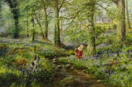 William (Bill) R Makinson (British Contemporary): 'Jodie and Bluebells', oil on canvas signed, title