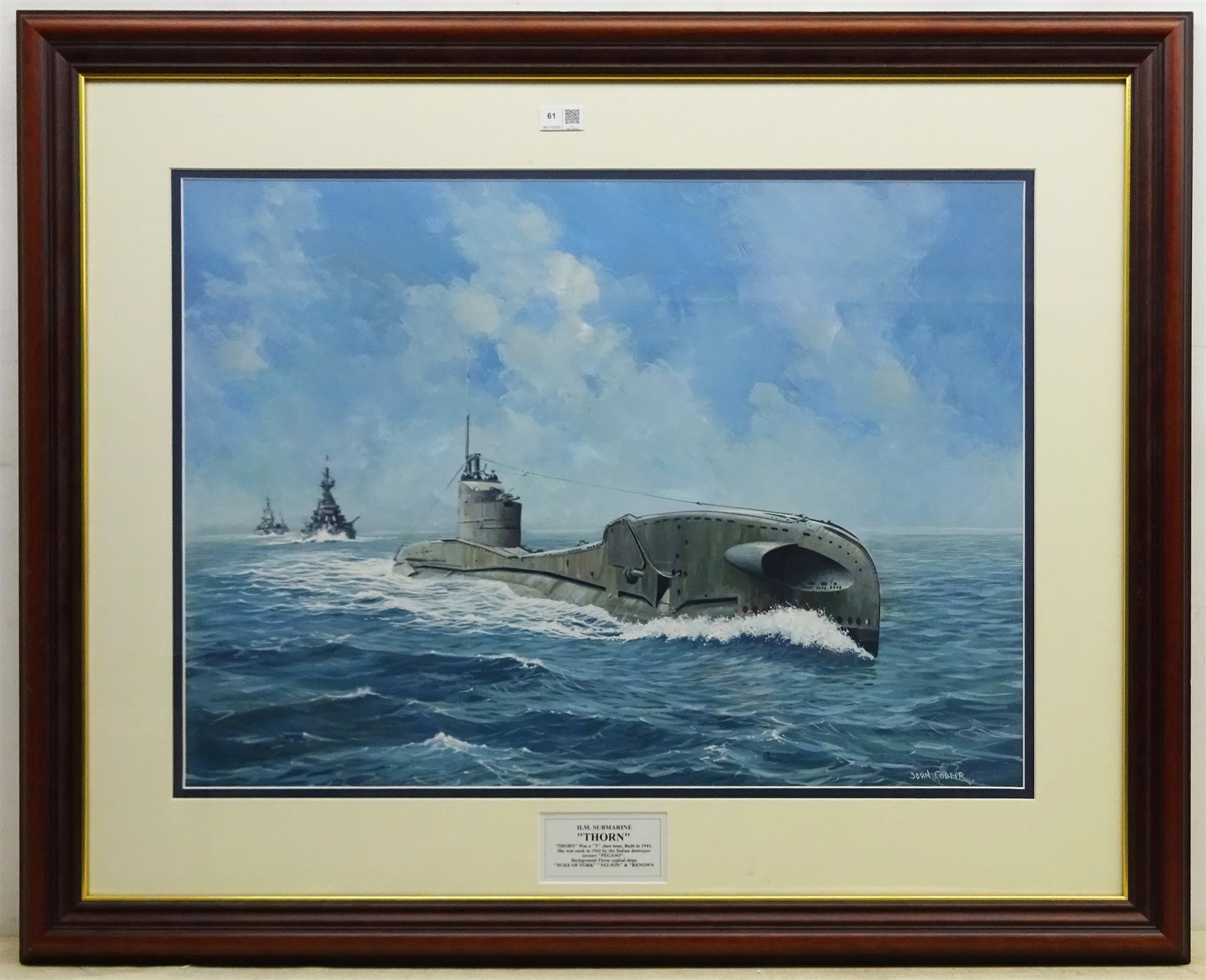John Cooper (British 1942-): Ship's Portrait - H M Submarine 'Thorn', watercolour and gouache signed - Image 3 of 4