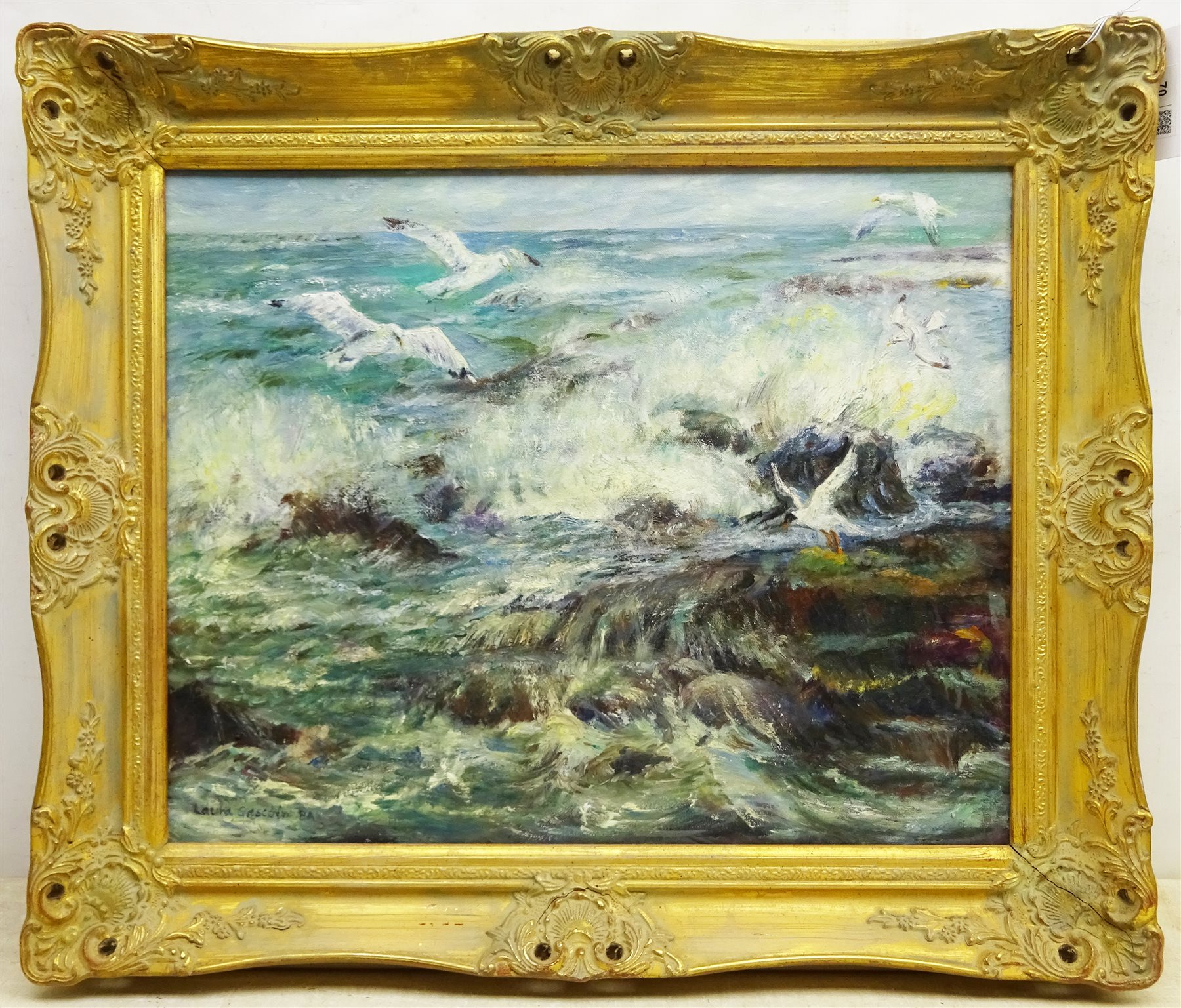Laura Gascoin (20th Century): Sea Breaking on the Rocks, oil on canvas signed 39.5cm x 49.5cm - Image 3 of 4