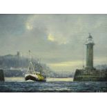 Jack Rigg (British 1927-): Grimsby Trawler Leaving Whitby Harbour, oil on board signed and dated 198