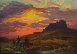 Edward Mossforth Neatby (British 1888-1949): Figures on Horseback at Sunset, oil on canvas signed 55