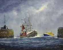 Jack Rigg (British 1927-): Trawler returning to Harbour escorted by the Lifeboat, oil on board signe