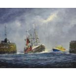 Jack Rigg (British 1927-): Trawler returning to Harbour escorted by the Lifeboat, oil on board signe