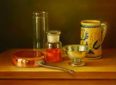 Andras Gombar (Hungarian 1946-): Still Life of Glass and Metalware, oil on board signed 29cm x 39cm