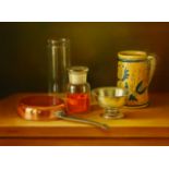 Andras Gombar (Hungarian 1946-): Still Life of Glass and Metalware, oil on board signed 29cm x 39cm