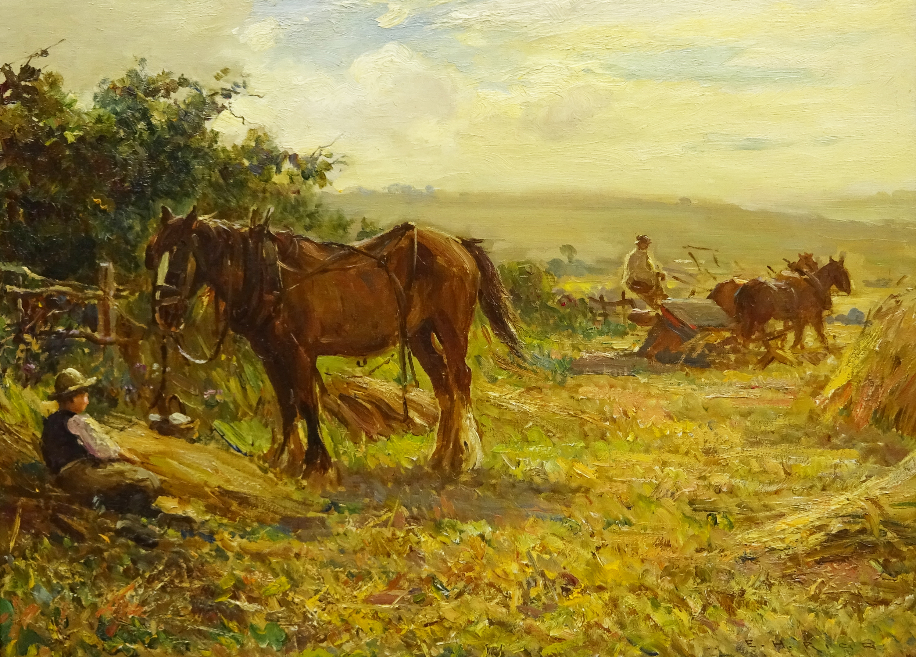 Ernest Higgins Rigg (Staithes Group 1868-1947): The Harvest Field with Horse Drawn Binder, oil on ca