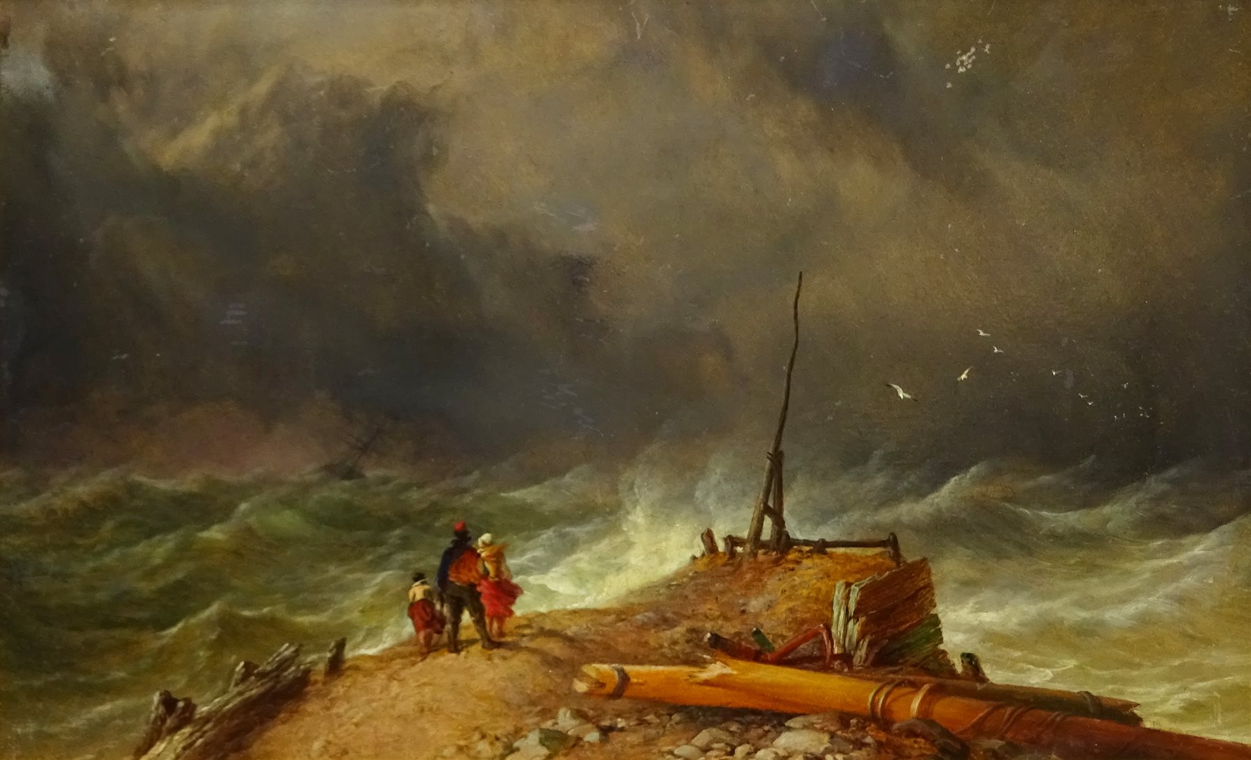 Thomas Sewell Robins (British 1810-1880): Family on the Cliff watching a Ship in Heavy Storm, oil on - Image 2 of 5