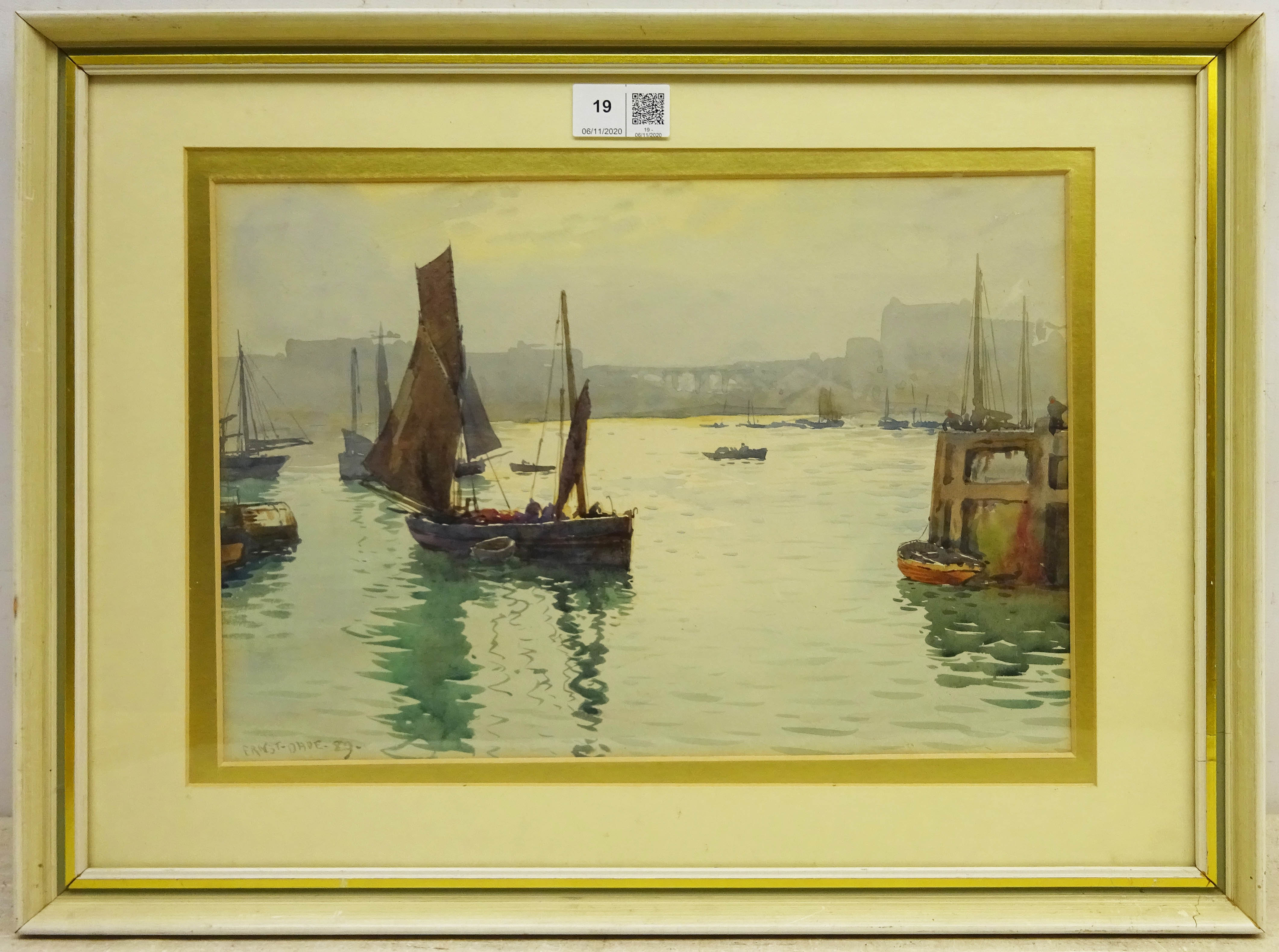 Ernest Dade (Staithes Group 1868-1934): Fishing Boats outside Scarborough Harbour, watercolour signe - Image 2 of 2