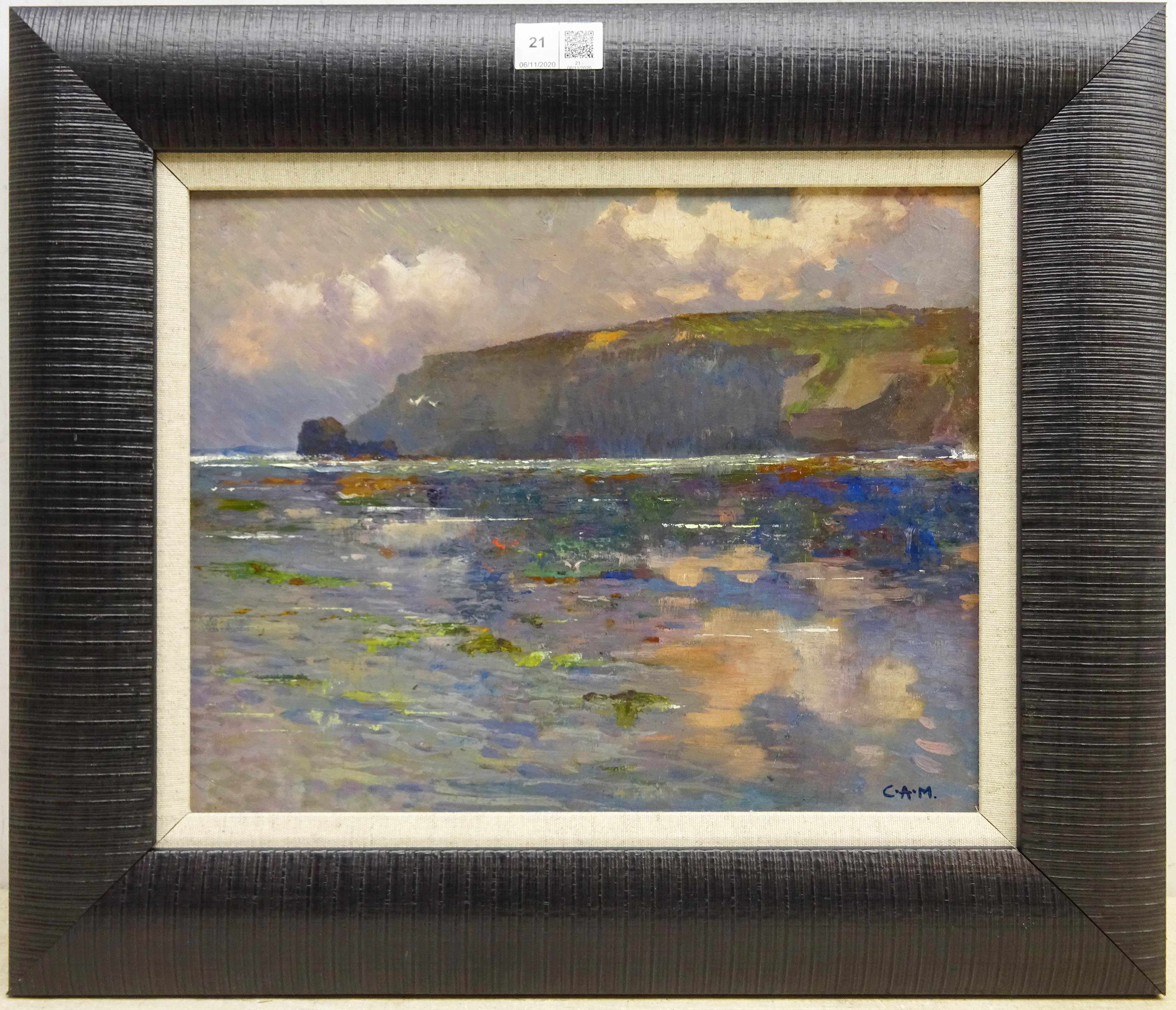 Campbell Archibald Mellon (British 1876-1955): 'Off Cromer', oil on board signed with initials by a - Image 4 of 4