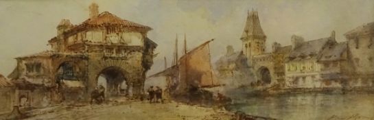 Paul Marny (French/British 1829-1914): Boats by the Quayside, watercolour signed 14cm x 43cm