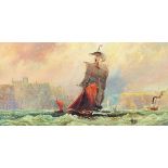 Richard Weatherill (British 1844-1923): Sailing Vessels and Steam Tug leaving Whitby Harbour, oil on