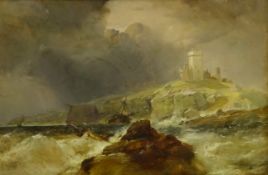 Campbell (19th century): Ship floundering off Dunstanburgh Castle Northumberland, oil on board unsig