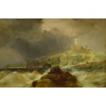 Campbell (19th century): Ship floundering off Dunstanburgh Castle Northumberland, oil on board unsig