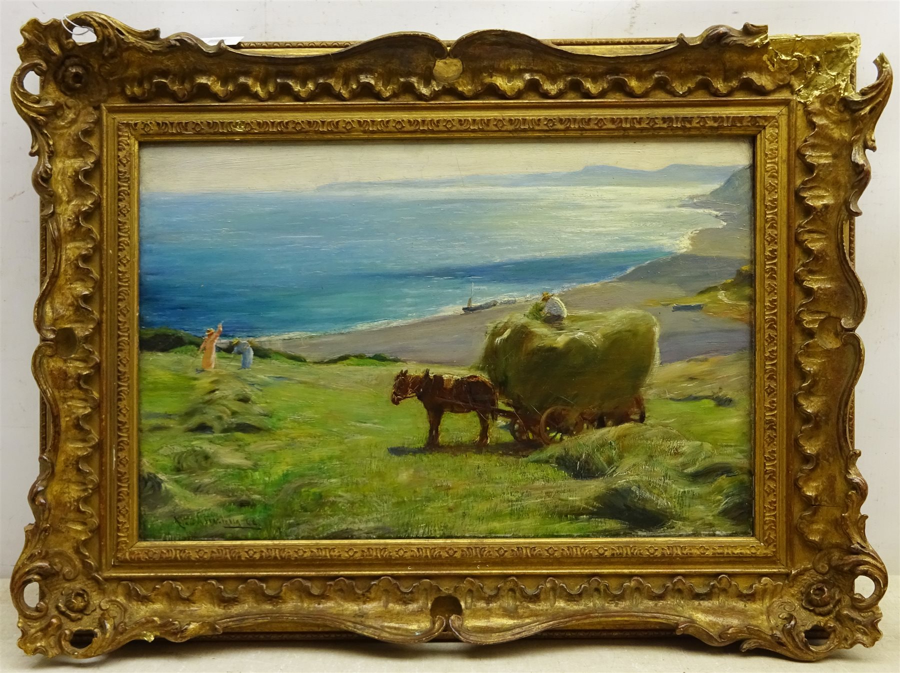 Arthur A Friedenson (Staithes Group 1872-1955): Haymaking above Runswick Bay, oil on canvas signed a - Image 3 of 5