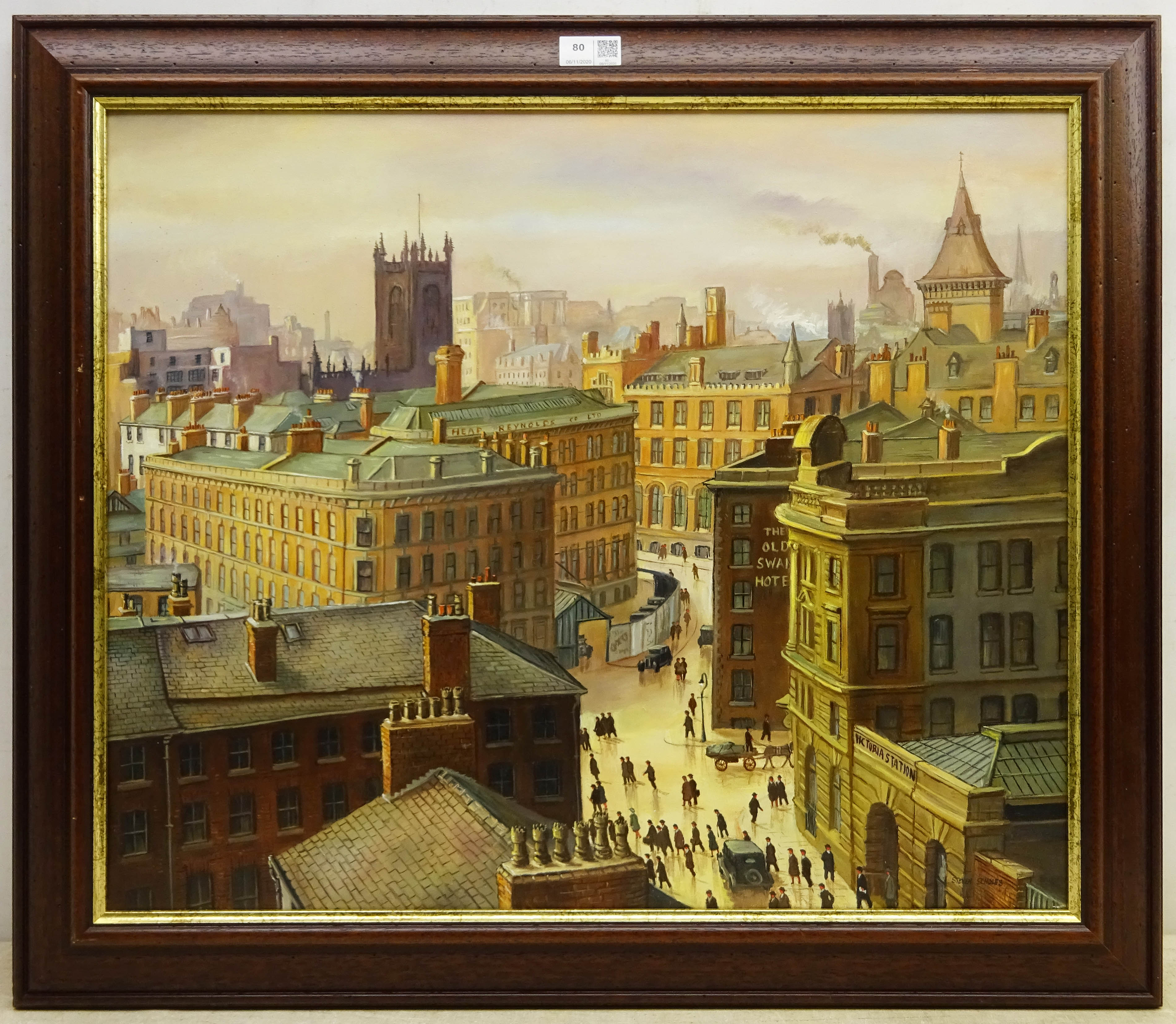 Steven Scholes (Northern British 1952-): Long Mill Gate Manchester 1938, oil on canvas signed 49.5cm - Image 2 of 2
