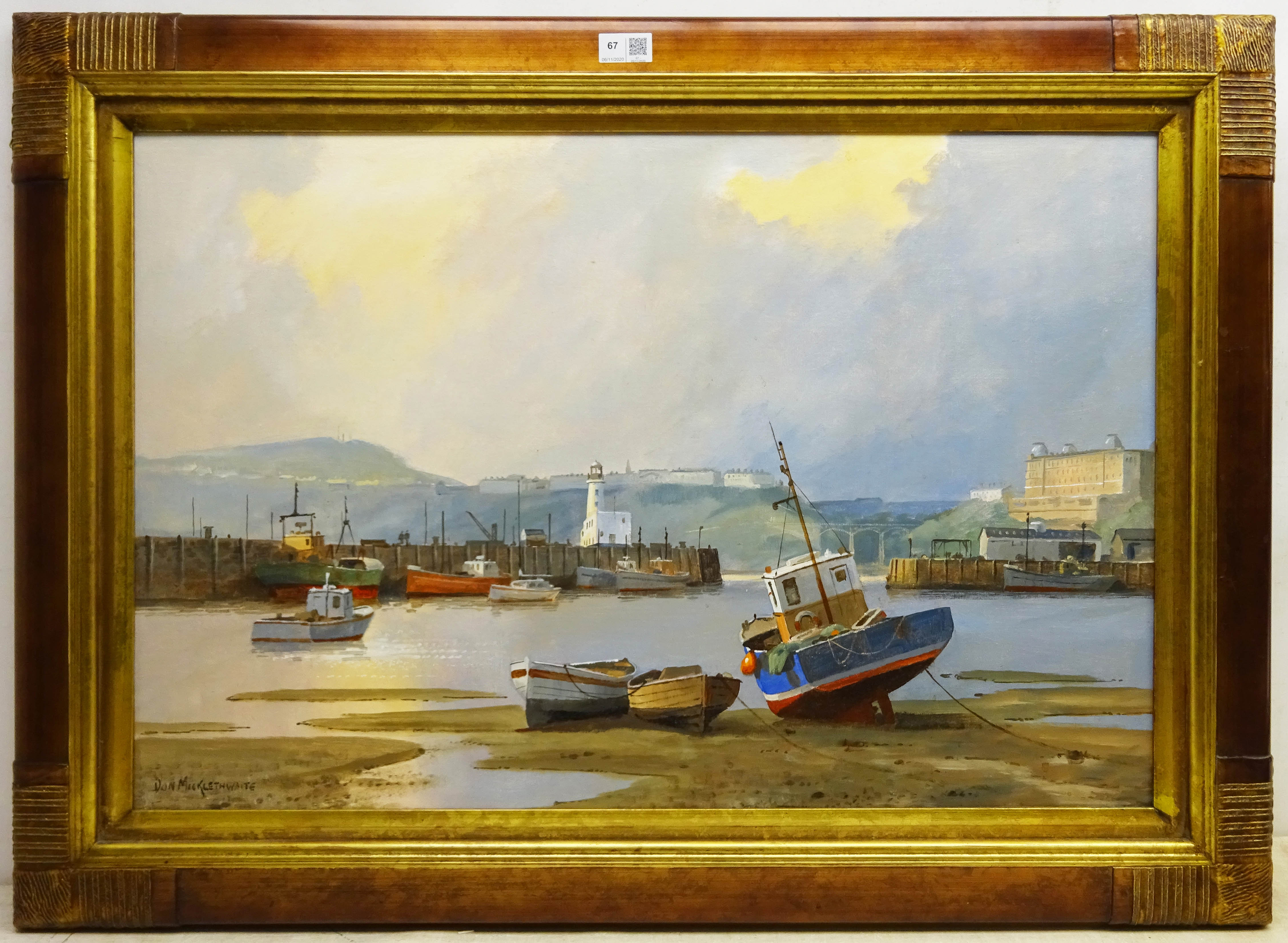 Don Micklethwaite (British 1936-): Low Tide Scarborough Harbour, oil on board signed 50cm x 75cm - Image 2 of 2