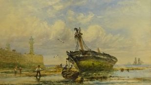 Richard Weatherill (British 1844-1923): The Entrance to Whitby Harbour at Low Tide, watercolour sign