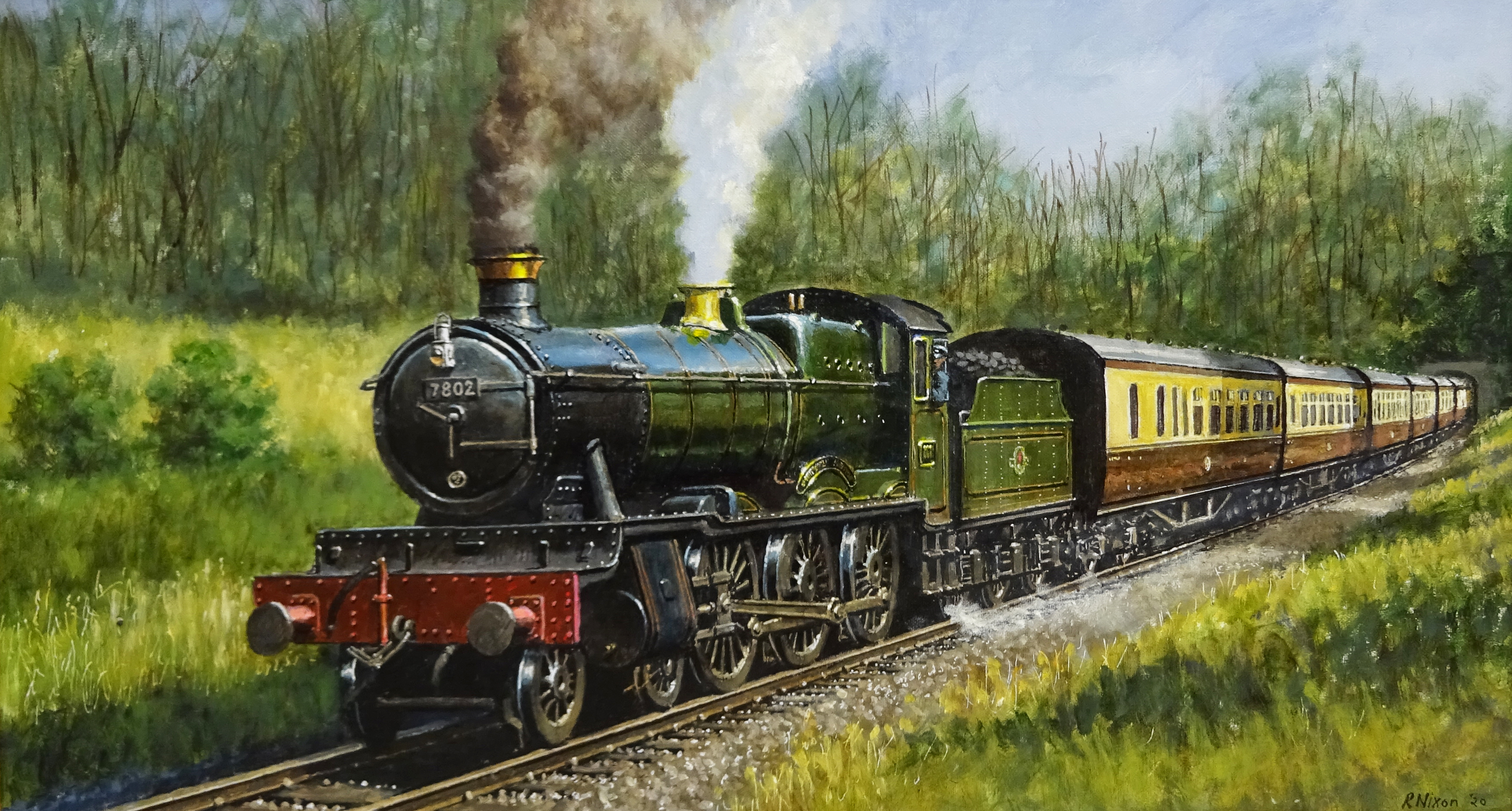 Robert Nixon (British 1955-): Great Western Railway 'Bradley Manor' leaving a Tunnel, oil on board s