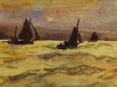 Joseph Richard Bagshawe (Staithes Group 1870-1909): Fishing Boats setting Sail at Sunrise, watercol