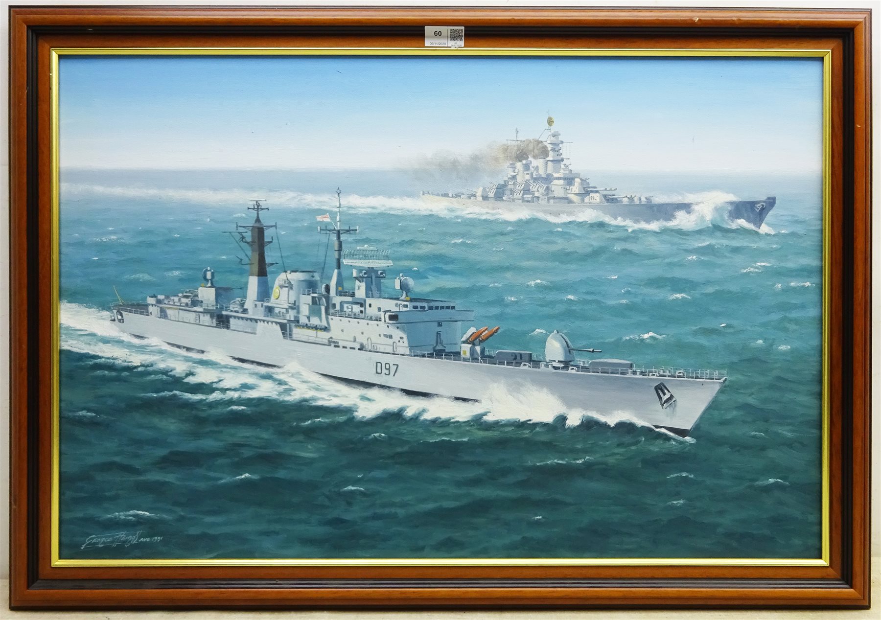 George Heiron (British 1929-2001): 'USS Missouri with HMS Edinburgh at Full Steam' - First Gulf War, - Image 3 of 4