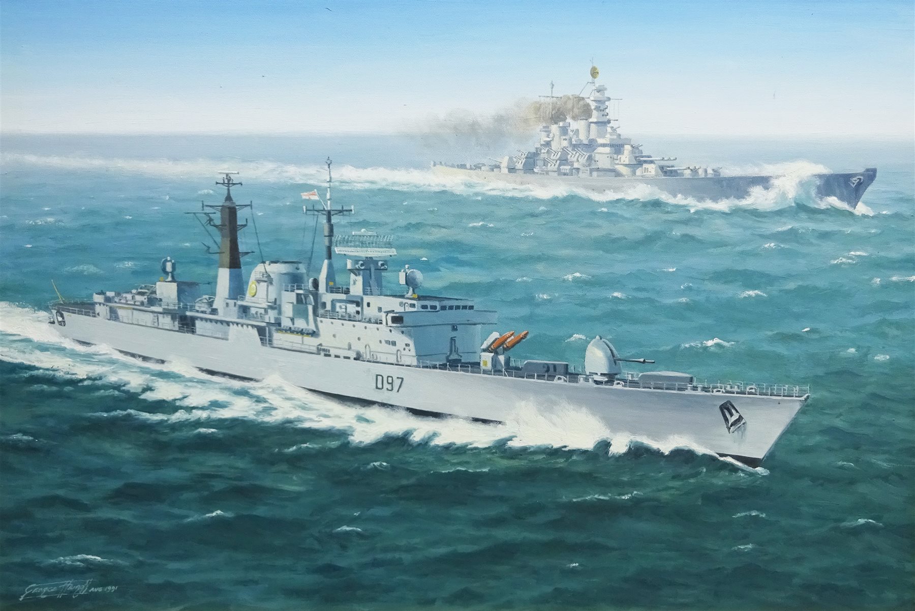 George Heiron (British 1929-2001): 'USS Missouri with HMS Edinburgh at Full Steam' - First Gulf War, - Image 2 of 4