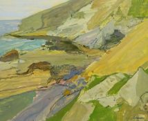 Ian Simpson (British mid 20th century): 'Landscape Tregardock' North Cornwall, oil on board signed,