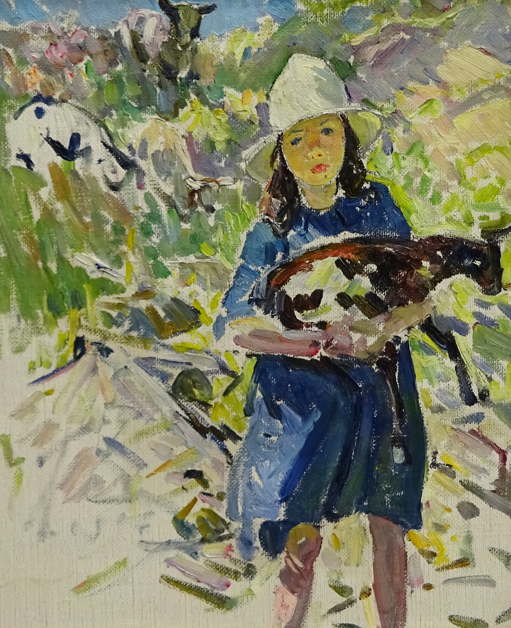 Dorothea Sharp (Newlyn School 1874-1955): Young Girl with a Lamb on a Hillside, oil on canvas unsign