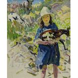 Dorothea Sharp (Newlyn School 1874-1955): Young Girl with a Lamb on a Hillside, oil on canvas unsign