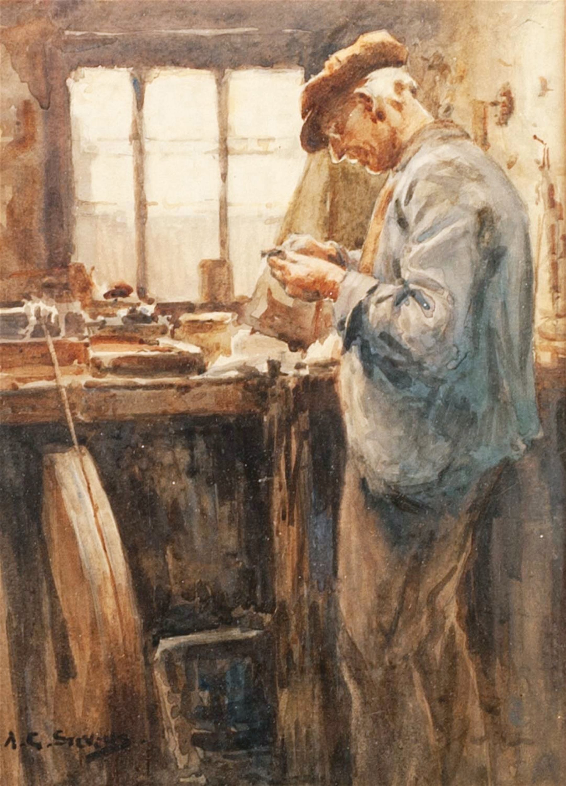 Albert George Stevens (Staithes Group 1863-1925): A Whitby Jet Worker, watercolour - Image 2 of 4