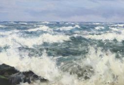 Bruce Mulcahy (British 1955-): 'Rough Sea off Whitby', oil on board signed and dated '06, titled ve