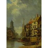 Charles Euphrasie Kuwasseg (French 1833-1904): Busy Canal Scene, oil on mahogany panel signed and da