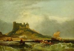 John Wilson Carmichael (British 1799-1868): Bamburgh Castle Northumberland, oil on canvas signed 31c