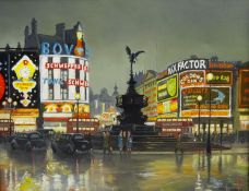 Steven Scholes (Northern British 1952-): 'Piccadilly Circus at Night' London 1965, oil on canvas si