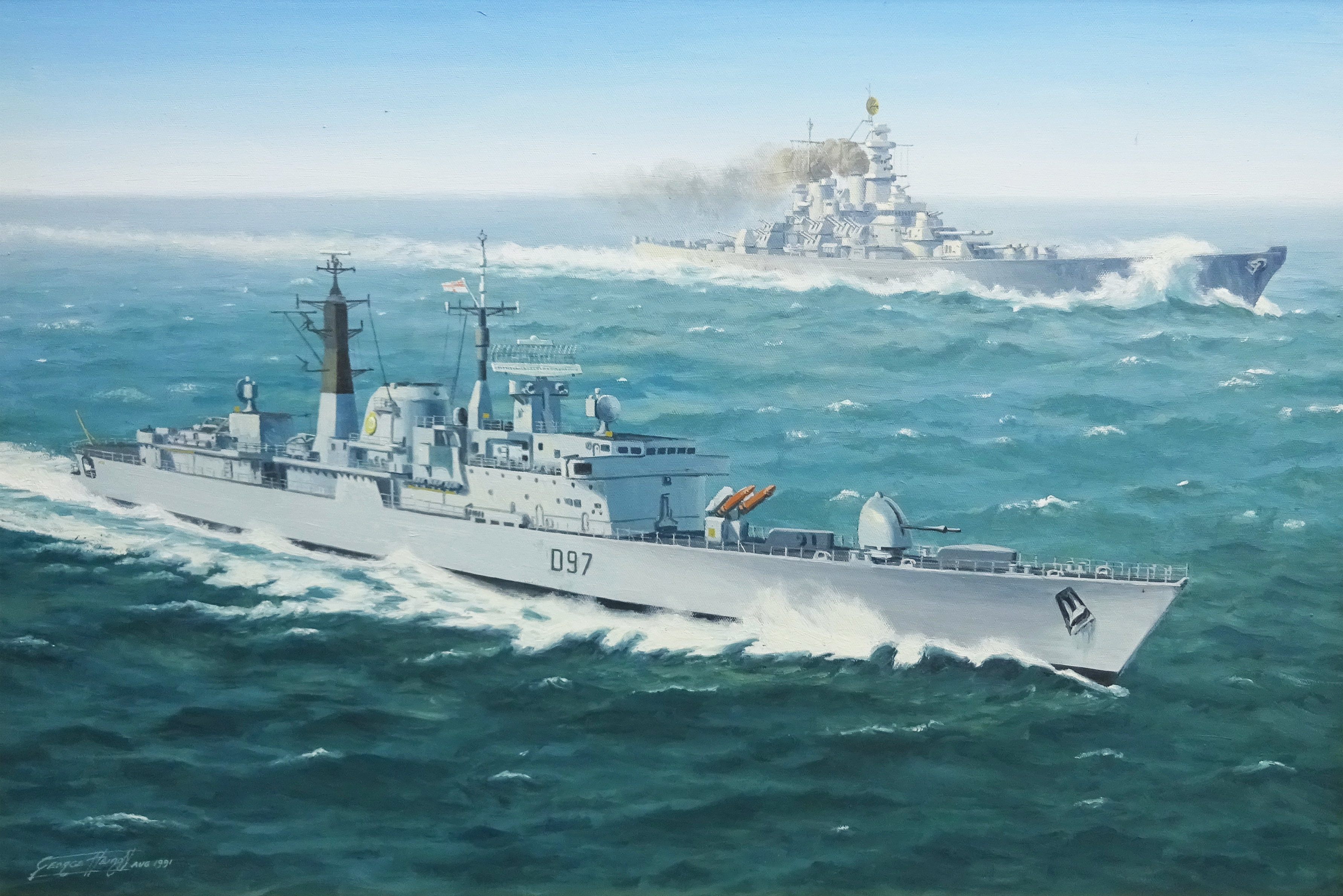 George Heiron (British 1929-2001): 'USS Missouri with HMS Edinburgh at Full Steam' - First Gulf War,