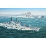 George Heiron (British 1929-2001): 'USS Missouri with HMS Edinburgh at Full Steam' - First Gulf War,