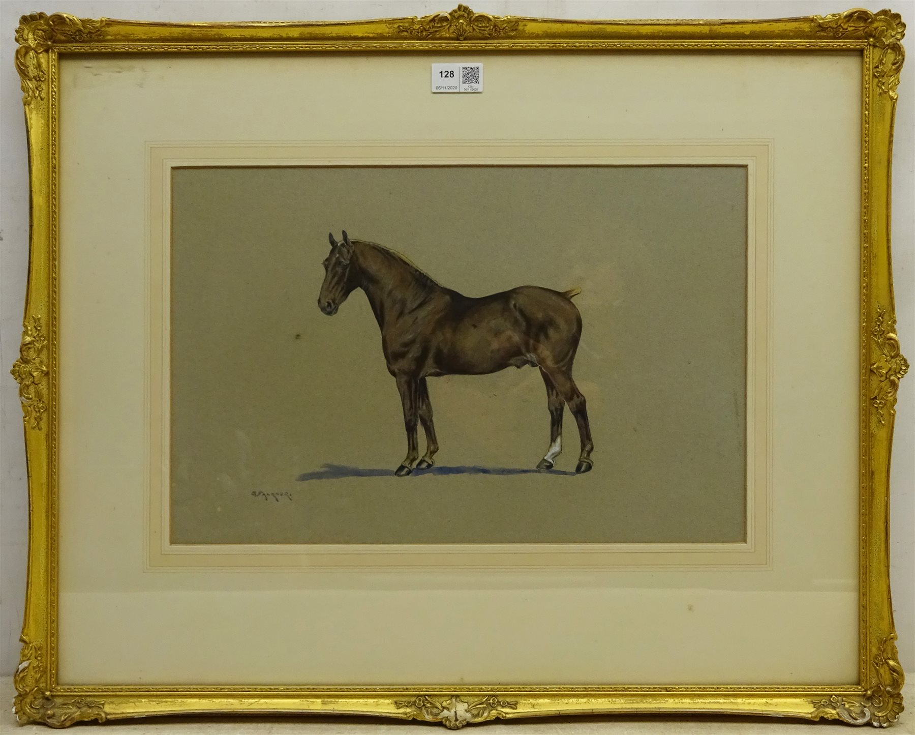 G. Falkner (British early 20th century): Portrait of a Liver Chestnut Stallion, watercolour signed, - Image 3 of 4
